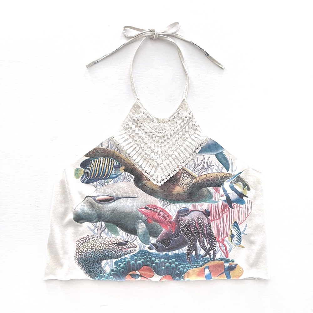 Furst of a Kind Crop Halter Top Re-worked Vintage Marine Animals Wearing Sunnies
